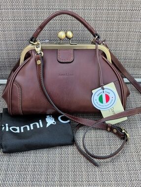 Gianni Conti Italian Leather Kisslock Satchel Bag NWT